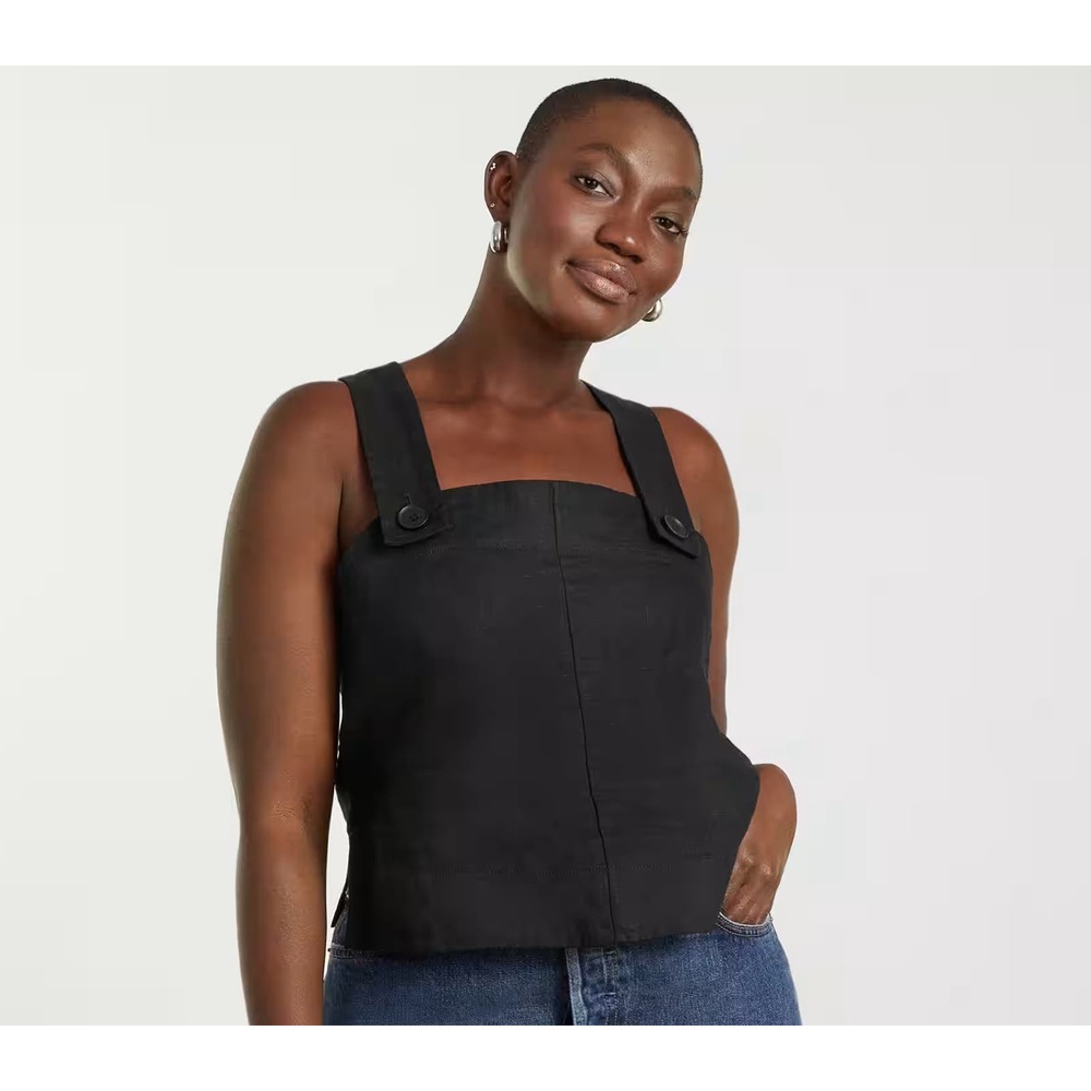 Everlane Black Square-Neck Button-Strap Linen-Blend Tank
